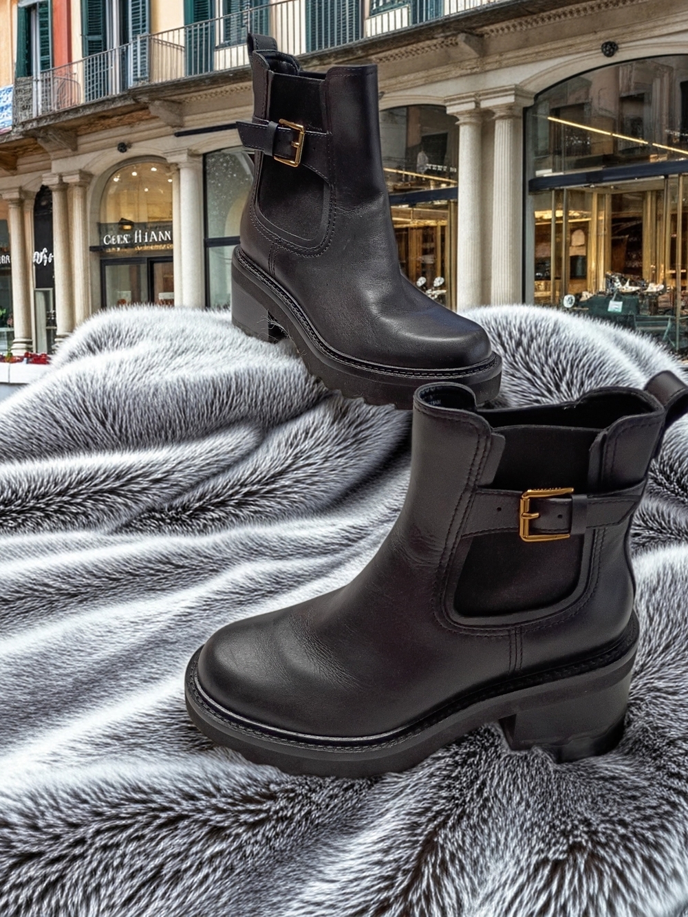 Cole Haan Shibley Black Leather Chelsea Ankle Boots with Gold Buckle 7B